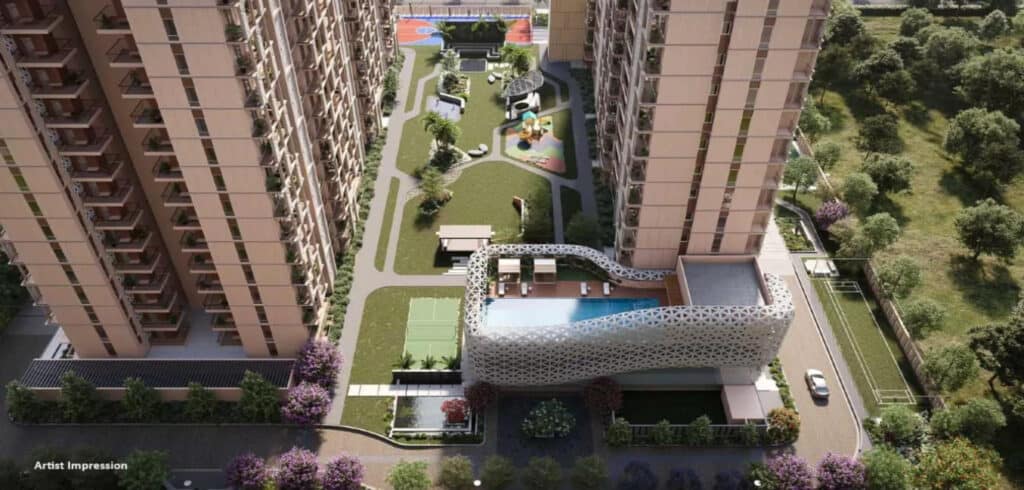 Luxury apartment complex with outdoor pool and landscaped gardens.