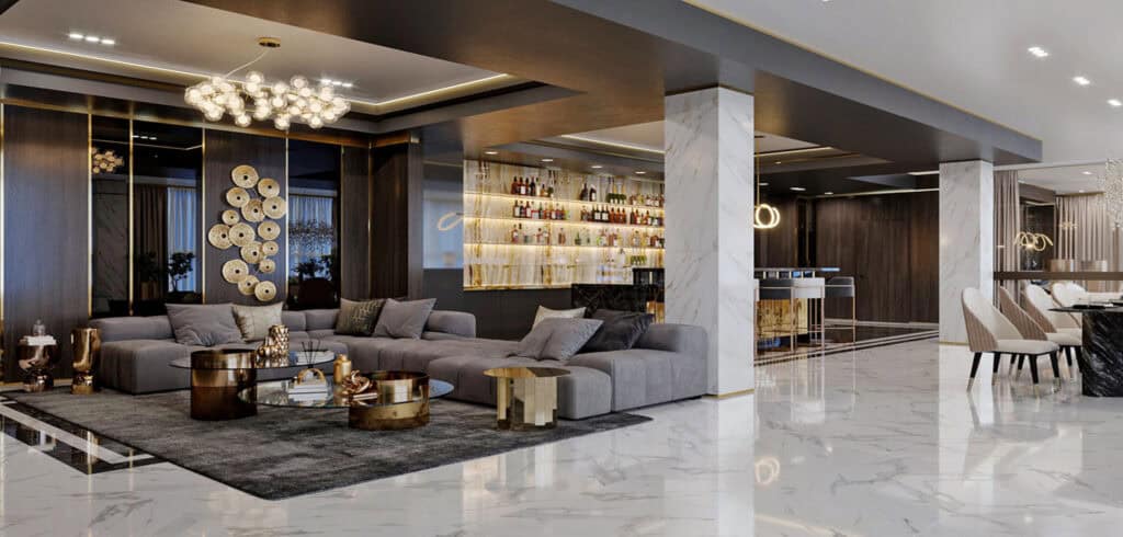 Modern luxury hotel lobby with stylish seating and a well-stocked bar, featuring marble flooring and contemporary decor.