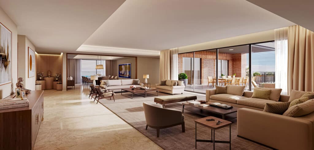 Stylish living room with modern furniture and large balcony, bright natural light, ideal for luxury condo living.